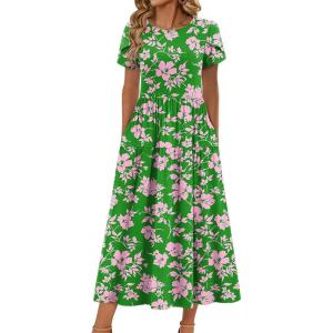 image:imageZeagoo Summer Dresses for Women 2026 Maxi Bohemian Floral Short Sleeve Long Dress Casual Flowy Tired Beach Sundress01adh594