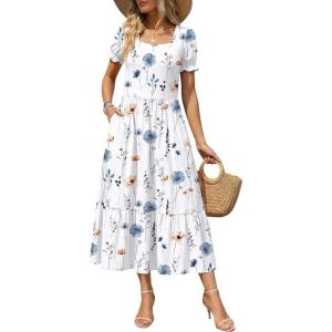 image:imageZeagoo Summer Dresses for Women Flowy Casual Midi Dress Short Sleeve Tiered Dress Beach Vacation Sundresses with PocketsAwhite Floral