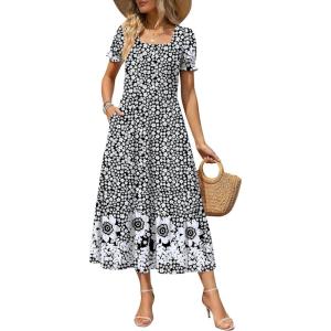 image:imageZeagoo Summer Dresses for Women Flowy Casual Midi Dress Short Sleeve Tiered Dress Beach Vacation Sundresses with PocketsBlack Floral