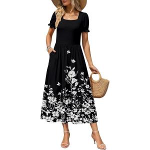 image:imageZeagoo Summer Dresses for Women Flowy Casual Midi Dress Short Sleeve Tiered Dress Beach Vacation Sundresses with PocketsBlack White Floral