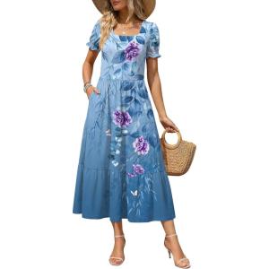 image:imageZeagoo Summer Dresses for Women Flowy Casual Midi Dress Short Sleeve Tiered Dress Beach Vacation Sundresses with PocketsFloral2