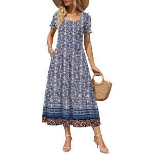 image:imageZeagoo Summer Dresses for Women Flowy Casual Midi Dress Short Sleeve Tiered Dress Beach Vacation Sundresses with PocketsFloral3