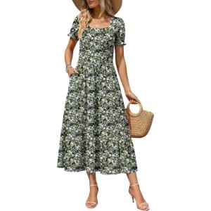 image:imageZeagoo Summer Dresses for Women Flowy Casual Midi Dress Short Sleeve Tiered Dress Beach Vacation Sundresses with PocketsGreenfloral