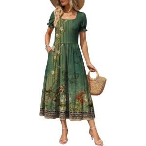 image:imageZeagoo Summer Dresses for Women Flowy Casual Midi Dress Short Sleeve Tiered Dress Beach Vacation Sundresses with PocketsGreenprinted