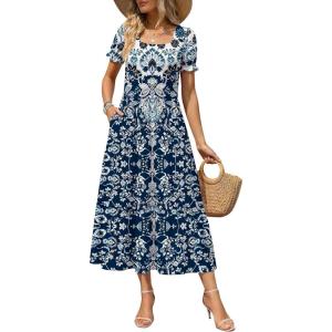 image:imageZeagoo Summer Dresses for Women Flowy Casual Midi Dress Short Sleeve Tiered Dress Beach Vacation Sundresses with PocketsMz924