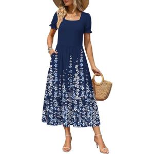 image:imageZeagoo Summer Dresses for Women Flowy Casual Midi Dress Short Sleeve Tiered Dress Beach Vacation Sundresses with PocketsNavy Blue Floral