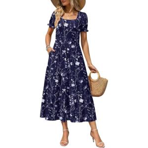 image:imageZeagoo Summer Dresses for Women Flowy Casual Midi Dress Short Sleeve Tiered Dress Beach Vacation Sundresses with PocketsNavy Blueprinted