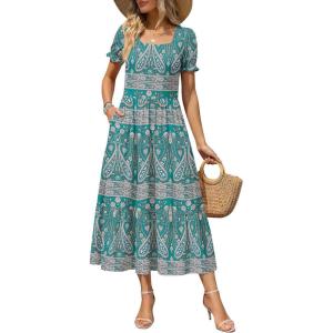 image:imageZeagoo Summer Dresses for Women Flowy Casual Midi Dress Short Sleeve Tiered Dress Beach Vacation Sundresses with PocketsPa169