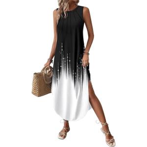 image:imageZeagoo Women Floral Summer Casual Beach Printed Tank Dress with Pockets Pleated Front Long Dress2602 Blackwhite