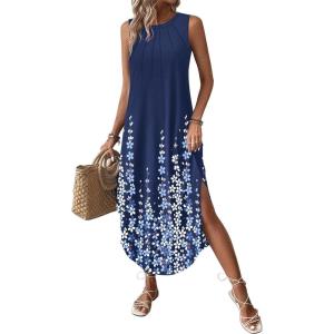 image:imageZeagoo Women Floral Summer Casual Beach Printed Tank Dress with Pockets Pleated Front Long Dress2602 Navy Printed