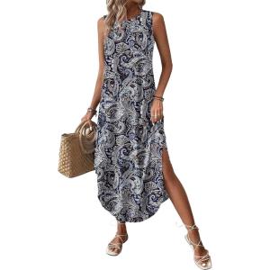 image:imageZeagoo Women Floral Summer Casual Beach Printed Tank Dress with Pockets Pleated Front Long Dress2603 Boho Print