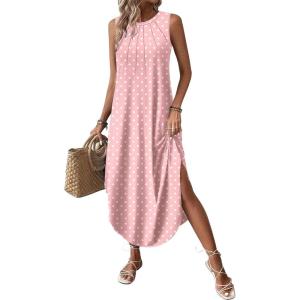 image:imageZeagoo Women Floral Summer Casual Beach Printed Tank Dress with Pockets Pleated Front Long Dress2603 Pink Dot