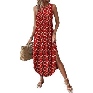 image:imageZeagoo Women Floral Summer Casual Beach Printed Tank Dress with Pockets Pleated Front Long Dress2603 Red Floral