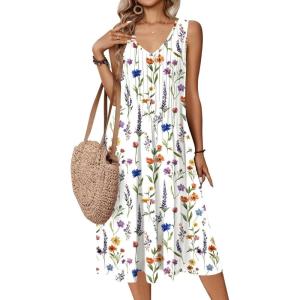 image:imageZeagoo Women Summer Casual Dresses 2026 Sleeveless Midi Pleated Tank Sundress with Pockets V Neck A Line Swing Tshirt DressApricot Floral