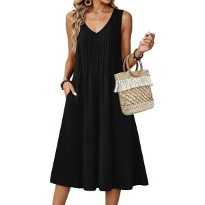 image:imageZeagoo Women Summer Casual Dresses 2026 Sleeveless Midi Pleated Tank Sundress with Pockets V Neck A Line Swing Tshirt DressBlack