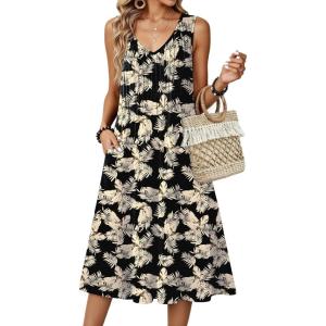 image:imageZeagoo Women Summer Casual Dresses 2026 Sleeveless Midi Pleated Tank Sundress with Pockets V Neck A Line Swing Tshirt DressBlack Khaki