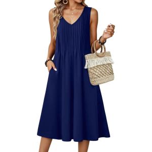 image:imageZeagoo Women Summer Casual Dresses 2026 Sleeveless Midi Pleated Tank Sundress with Pockets V Neck A Line Swing Tshirt DressNavy Blue