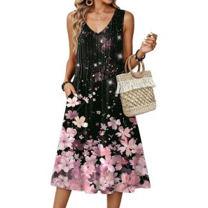 image:imageZeagoo Women Summer Casual Dresses 2026 Sleeveless Midi Pleated Tank Sundress with Pockets V Neck A Line Swing Tshirt DressPink Black