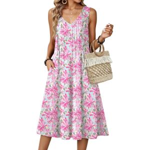 image:imageZeagoo Women Summer Casual Dresses 2026 Sleeveless Midi Pleated Tank Sundress with Pockets V Neck A Line Swing Tshirt DressPink Print