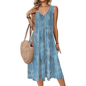 image:imageZeagoo Women Summer Casual Dresses 2026 Sleeveless Midi Pleated Tank Sundress with Pockets V Neck A Line Swing Tshirt DressPlant Blue