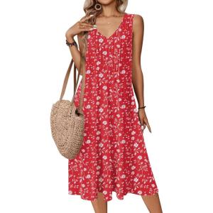image:imageZeagoo Women Summer Casual Dresses 2026 Sleeveless Midi Pleated Tank Sundress with Pockets V Neck A Line Swing Tshirt DressRed White Floral