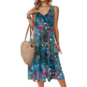 image:imageZeagoo Women Summer Casual Dresses 2026 Sleeveless Midi Pleated Tank Sundress with Pockets V Neck A Line Swing Tshirt DressWatercolor