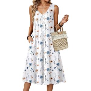 image:imageZeagoo Women Summer Casual Dresses 2026 Sleeveless Midi Pleated Tank Sundress with Pockets V Neck A Line Swing Tshirt DressWhite Blue