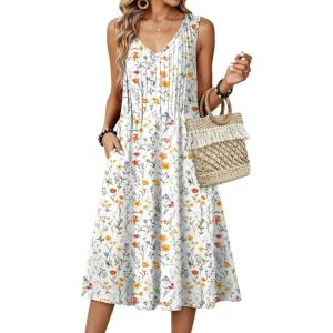 image:imageZeagoo Women Summer Casual Dresses 2026 Sleeveless Midi Pleated Tank Sundress with Pockets V Neck A Line Swing Tshirt DressWhite Floral