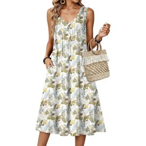 image:imageZeagoo Women Summer Casual Dresses 2026 Sleeveless Midi Pleated Tank Sundress with Pockets V Neck A Line Swing Tshirt DressWhite Green