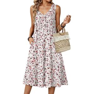 image:imageZeagoo Women Summer Casual Dresses 2026 Sleeveless Midi Pleated Tank Sundress with Pockets V Neck A Line Swing Tshirt DressWhite Print
