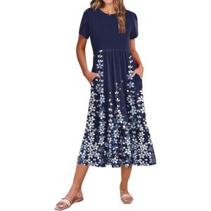 image:imageZeagoo Women Summer Midi A Line Dress Short Sleeve Casual Flowy Tiered Beach Long Sundress with Pockets 2026 Vacation TravelA01navy Blue Floral