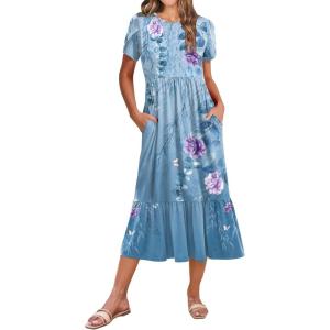 image:imageZeagoo Women Summer Midi A Line Dress Short Sleeve Casual Flowy Tiered Beach Long Sundress with Pockets 2026 Vacation TravelA02blue Floral2