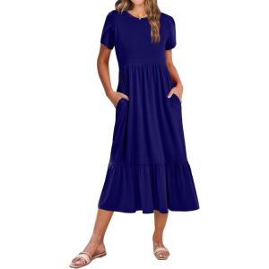image:imageZeagoo Women Summer Midi A Line Dress Short Sleeve Casual Flowy Tiered Beach Long Sundress with Pockets 2026 Vacation TravelA04navy Blue