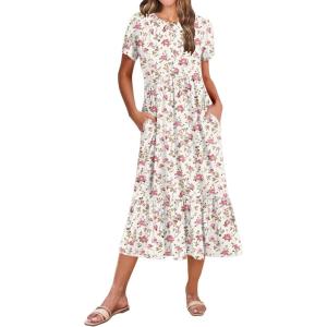 image:imageZeagoo Women Summer Midi A Line Dress Short Sleeve Casual Flowy Tiered Beach Long Sundress with Pockets 2026 Vacation TravelBf310