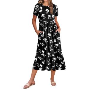 image:imageZeagoo Women Summer Midi A Line Dress Short Sleeve Casual Flowy Tiered Beach Long Sundress with Pockets 2026 Vacation TravelBlack White Floral