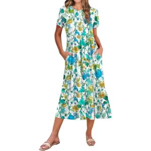 image:imageZeagoo Women Summer Midi A Line Dress Short Sleeve Casual Flowy Tiered Beach Long Sundress with Pockets 2026 Vacation TravelBlue Brown Floral