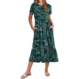 image:imageZeagoo Women Summer Midi A Line Dress Short Sleeve Casual Flowy Tiered Beach Long Sundress with Pockets 2026 Vacation TravelGreen Leaf