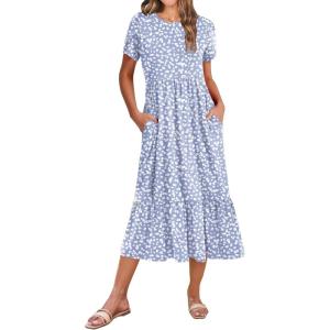 image:imageZeagoo Women Summer Midi A Line Dress Short Sleeve Casual Flowy Tiered Beach Long Sundress with Pockets 2026 Vacation TravelJh529