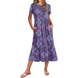 image:imageZeagoo Women Summer Midi A Line Dress Short Sleeve Casual Flowy Tiered Beach Long Sundress with Pockets 2026 Vacation TravelMz907