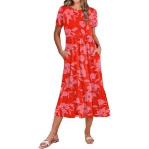 image:imageZeagoo Women Summer Midi A Line Dress Short Sleeve Casual Flowy Tiered Beach Long Sundress with Pockets 2026 Vacation TravelRed Floral