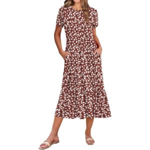 image:imageZeagoo Women Summer Midi A Line Dress Short Sleeve Casual Flowy Tiered Beach Long Sundress with Pockets 2026 Vacation TravelRed Floral2