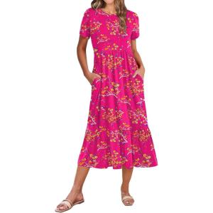 image:imageZeagoo Women Summer Midi A Line Dress Short Sleeve Casual Flowy Tiered Beach Long Sundress with Pockets 2026 Vacation TravelRed Floral3