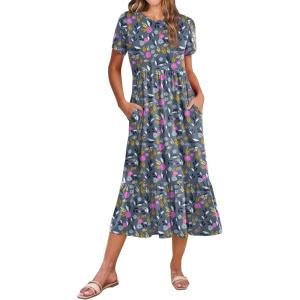 image:imageZeagoo Women Summer Midi A Line Dress Short Sleeve Casual Flowy Tiered Beach Long Sundress with Pockets 2026 Vacation TravelRose Red Floral