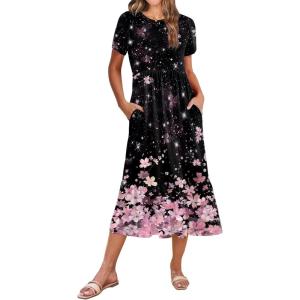 image:imageZeagoo Women Summer Midi A Line Dress Short Sleeve Casual Flowy Tiered Beach Long Sundress with Pockets 2026 Vacation TravelSf31