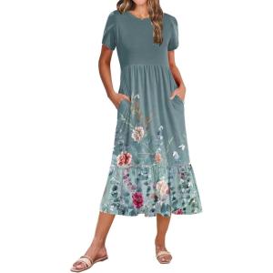 image:imageZeagoo Women Summer Midi A Line Dress Short Sleeve Casual Flowy Tiered Beach Long Sundress with Pockets 2026 Vacation TravelWf115