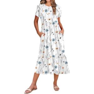 image:imageZeagoo Women Summer Midi A Line Dress Short Sleeve Casual Flowy Tiered Beach Long Sundress with Pockets 2026 Vacation TravelWhite Floral
