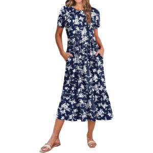 image:imageZeagoo Women Summer Midi A Line Dress Short Sleeve Casual Flowy Tiered Beach Long Sundress with Pockets 2026 Vacation TravelWhite Floral2