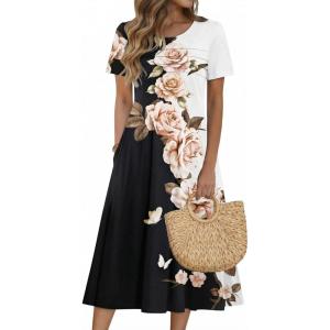 image:imageZeagoo Womens Casual Dresses for Summer Short Sleeve Flare Midi Dress Loose Beach Sundress Pleated Front Dress with PocketsBlack White
