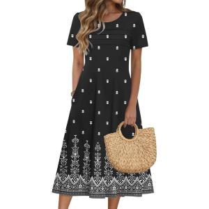 image:imageZeagoo Womens Casual Dresses for Summer Short Sleeve Flare Midi Dress Loose Beach Sundress Pleated Front Dress with PocketsMz938 Black Floral