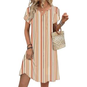 image:imageZeagoo Womens Casual Dresses with Pockets Summer Floral VNeck ALine Tshirt Dress Short Sleeve Mini Dress Beach SundressKhaki Stripe